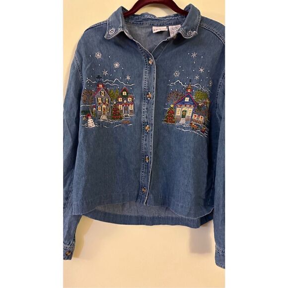 Bobbie Brooks Christmas Village Scene Chambray Shirt - Picture 2 of 5